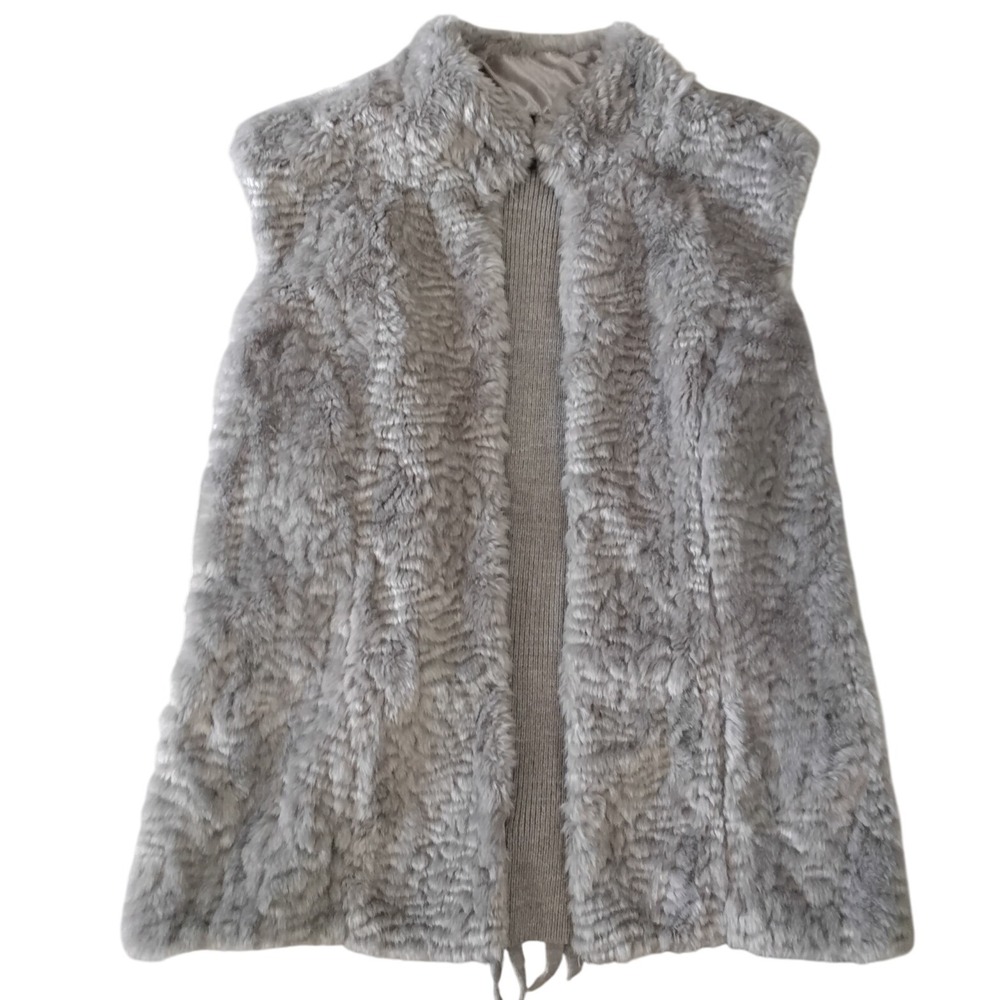 White House Black Market‎ Gray Faux Fur Knit Vest Women M Layering Cozy Chic